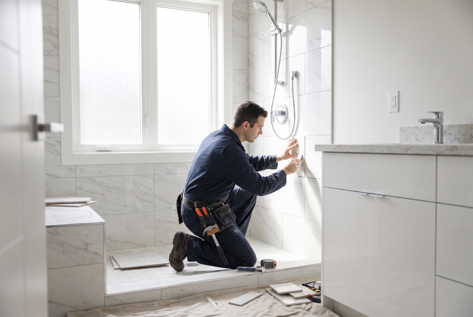 Newly renovated bathroom in dark tones with built-in lighting