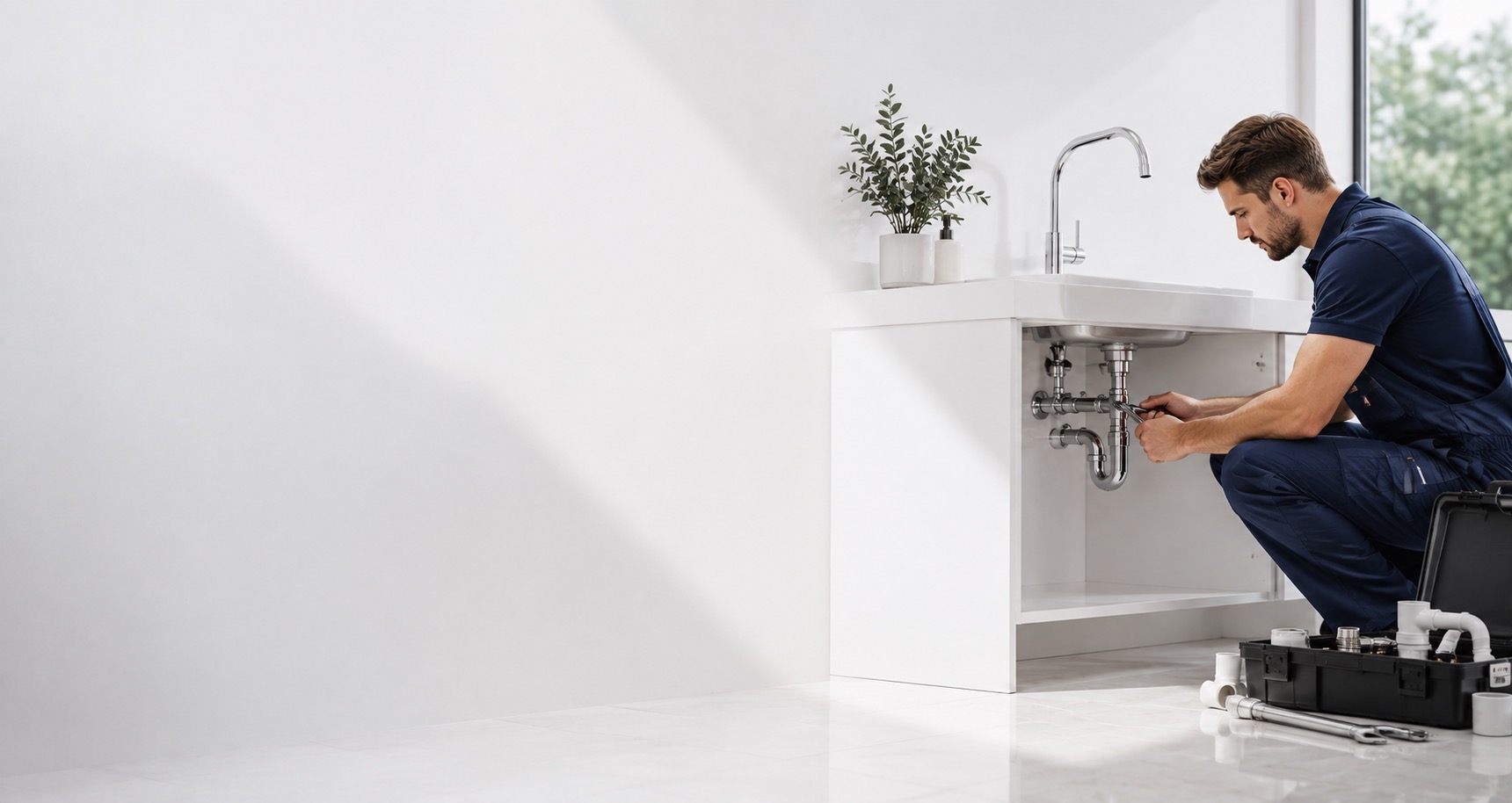 A plumber from Sterling Plumbing working under a kitchen cabinet